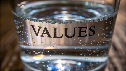 value-driven-business Clear glass of sparkling water with the word "VALUES" prominently displayed, showcasing bubbles and reflections.