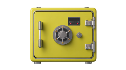A bright yellow security safe, front view.  Features a metal dial, lock, and handles