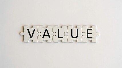value-driven-business Puzzle pieces spell the word "VALUE" on a plain background.