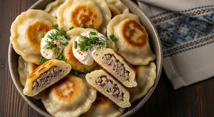 Delicious golden brown pierogi with sour cream and herbs.