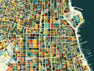 Vibrant City Map: A colorful and artistic depiction of a city map, showcasing a grid-like structure with a spectrum of hues and a waterfront edge, perfect for illustrating urban concepts.