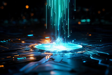 Intense Vertical Flow of Glowing Data Lines Creating a Stunning Digital Waterfall with Dynamic Light and Futuristic Energy