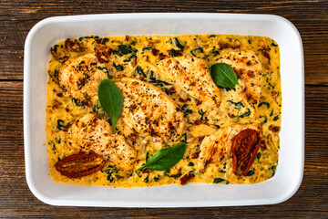 Creamy Tuscan chicken with parmesan cheese, spinach and sun dried tomatoes