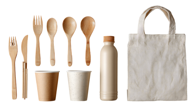 Wooden cutlery, disposable cups, reusable bag, and bottle, arranged on dark background