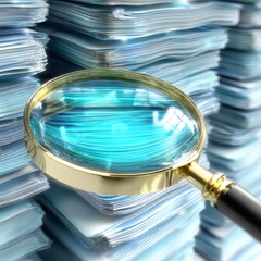 magnifying glass over stacks of documents