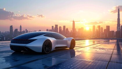 A sleek, futuristic car with solar panels atop a building, overlooks a sprawling city skyline bathed in the golden light of a sunset