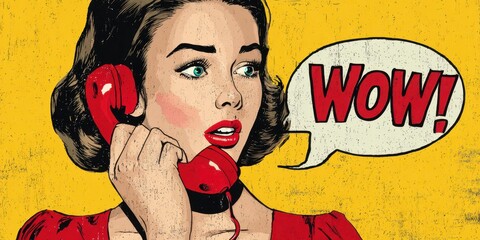 Pop Art Woman on Phone: A striking pop art illustration features a surprised woman holding a vintage red phone, her speech bubble exclaiming WOW!. A vibrant, retro aesthetic.