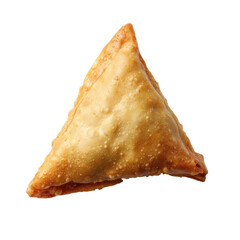 Golden-brown triangular samosa, isolated on black