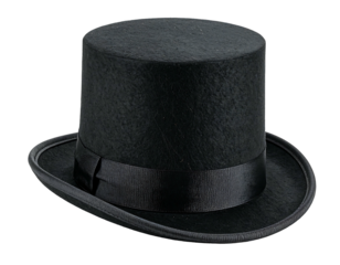 Classic black top hat; smooth, cylindrical crown; flat, wide brim; simple black band; slightly angled