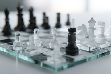 Chessboard Strategy: A close-up shot of a chess board, the pieces are arranged, ready for a game of strategic planning, decision-making, and intellectual combat. Showcasing clarity and precision.