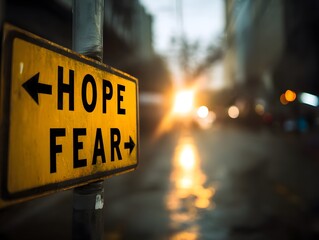 Hope and Fear Road Sign with Arrows, dilemma, mental health, decision, psychology