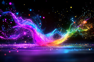 Visual explosion of cascading code strings in vibrant high contrast over deep gradient backgrounds, dynamic digital abstraction