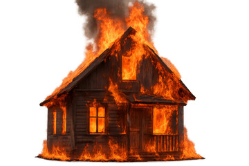 Wooden house burning with large flames and smoke