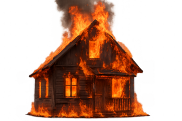 Wooden house burning with large flames and smoke