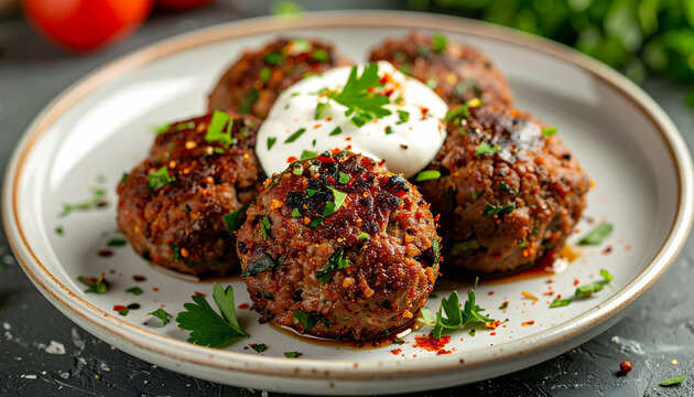 Lamb kofta nest, spiced meat, yogurt drizzle. Appetizing and elegant food. Tasty meal. Cooking