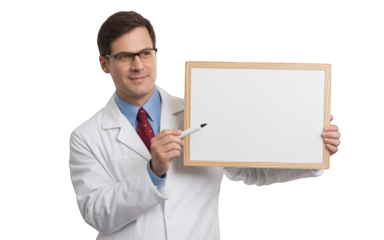 Doctor holding blank whiteboard for message on transparent background