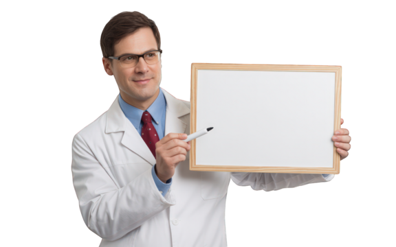 Doctor holding blank whiteboard for message on transparent background - Powered by Adobe