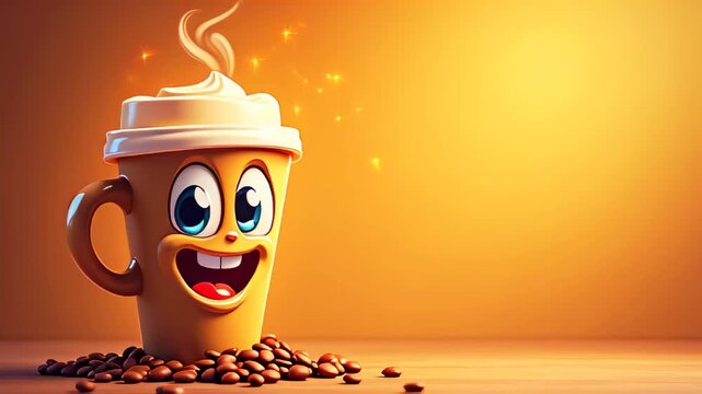 Cartoon coffee cup with a happy face and coffee beans
