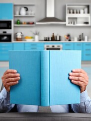 person hiding face behind a blue book in a cozy kitchen