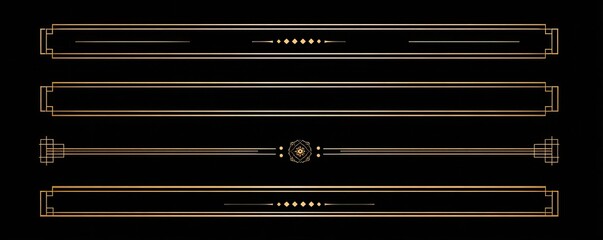 Four decorative golden-toned horizontal banners on a black background.  Each banner has a rectangular frame with decorative line work.  Different styles of ornamentation appear on each banner