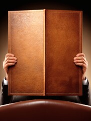 person hiding behind a large leather book