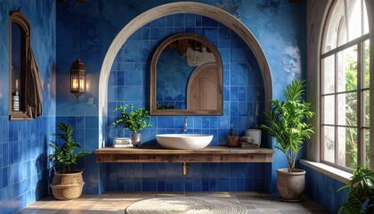 Fototapeta premium A sun-drenched bathroom boasts a captivating display of deep blue tiles, arched alcoves, and rustic wooden elements.