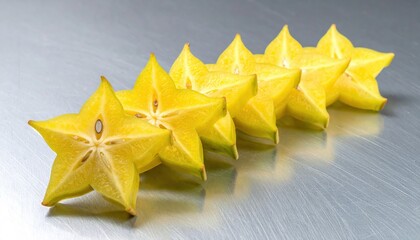 Fototapeta premium Studio still life of starfruit cross sections aligned in a diagonal track on brushed aluminum, soft reflections and clean modern composition.