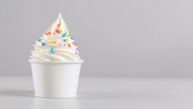 Frozen yogurt with colored crumbs in a disposable cup on a neutral surface. Bright emphasis on details and purity of the composition. Suitable for food photography.