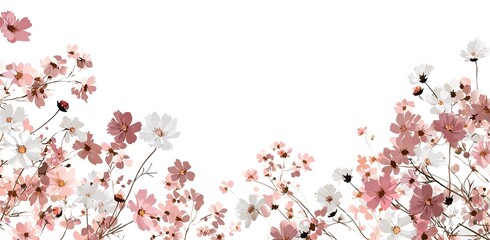 Delicate floral border of soft pinks and whites.  A variety of cosmos flowers in various shades of pink and white,  with light brown stems, fill the image's edges