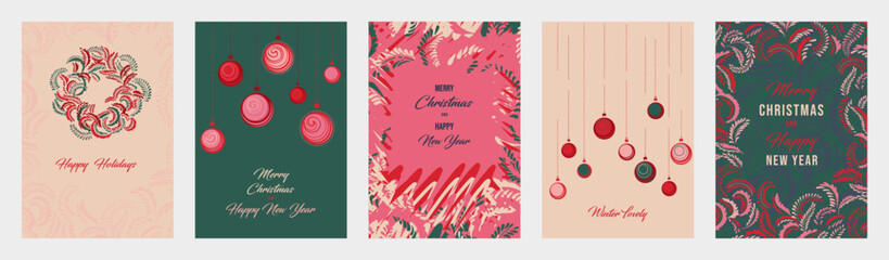Festive vector Christmas and New Year templates with wreaths, ornaments, and decorative foliage in red, green, and beige tones. Perfect for holiday cards, posters, and invites