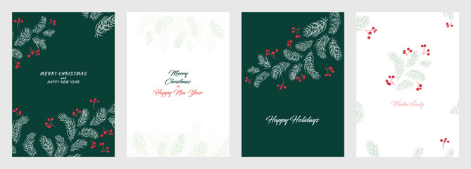 Stylish vector Christmas templates featuring pine branches, fir needles and red berries on green and white backgrounds, ideal for festive greeting cards and winter holiday designs