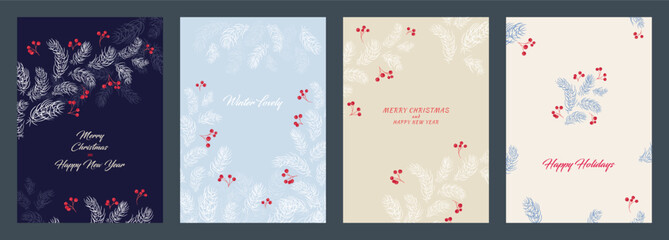 Elegant vector Christmas and winter holiday templates with pine branches, fir needles, and red berries on dark, light blue, and beige backgrounds for festive greeting cards