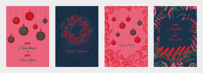 Vector Christmas and New Year templates with festive wreaths, ornaments, and foliage in red, green, and navy colors. Perfect for greeting cards, posters, and holiday designs