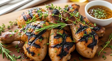 Delicious Grilled Chicken Legs with Herbs and Dipping Sauce.