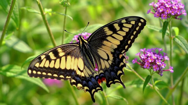 A beautiful Old World Swallowtail butterfly with vibrant yellow and black wings rests on a purple buddleia flower in a lush green summer garden feeding on nectar.