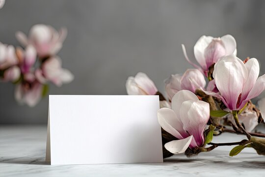 Blank card, magnolia blossoms.  Soft pink blossoms frame a blank card on a marble surface.  Grey background - Powered by Adobe