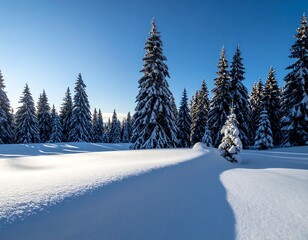 Snowy fir trees in a sunlit winter landscape