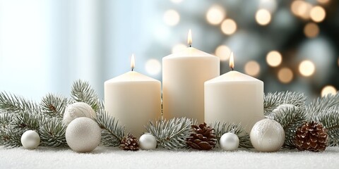 Beautiful winter season celebration with glowing advent candles and festive Christmas decorations