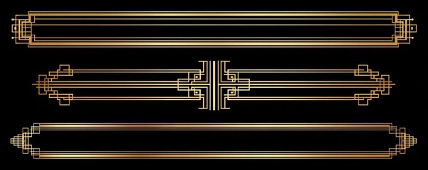 Three gold art deco style decorative horizontal banners on a black background.  Geometric, symmetrical, and linear patterns create a rich, elegant look