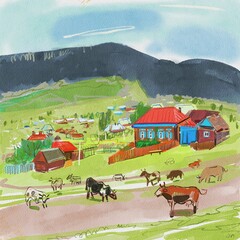 cows on the farm. hand drawn landscape