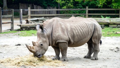 Fototapeta premium White rhino eating hay in enclosure