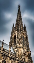 Fototapeta premium Gothic Cathedral's Intricate Spire Against a Stormy Sky