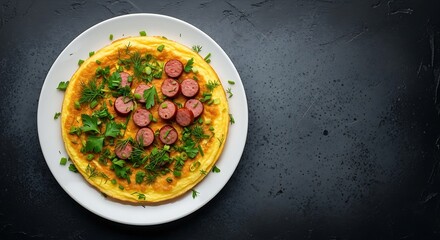 Delicious Omelette with Sausages and Herbs on a White Plate.