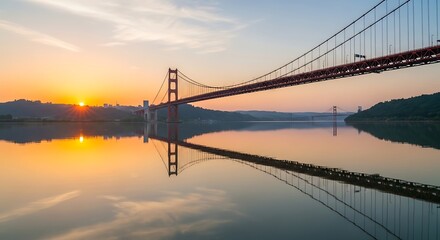 Obraz premium Golden Gate Bridge at Sunrise - A Stunning Reflection.