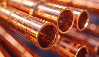 Naklejka premium Close Up of Copper Pipes with Glowing Daylight in Studio