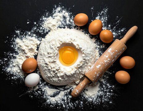 Flour, eggs, and rolling pin on dark background