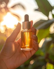 Naklejka premium Hand holding a natural essence dropper bottle against a golden sunset, highlighting organic skincare