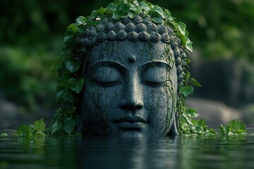 Fototapeta premium Buddha Head Statue with Green Vines in Water Forest Scene.