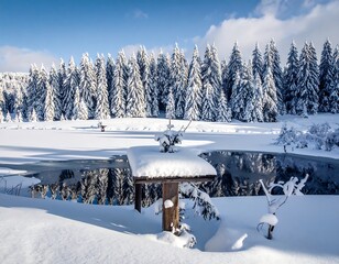 Snowy forest landscape with frozen lake