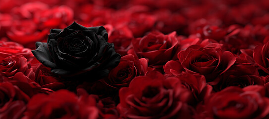 Extreme close-up of a single black rose standing out among many red roses. Standing out from the crowd, thinking outside the box, leadership and individuality concept. Generative Ai.